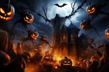  halloween scene horror background with creepy pumpkins of spooky halloween haunted mansion Evil houseat night with full moon |  Generative AI - obrazy, fototapety, plakaty