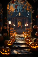  halloween scene horror background with creepy pumpkins of spooky halloween haunted mansion Evil houseat night with full moon |  Generative AI