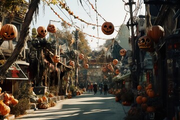 Naklejka premium halloween scene horror background with creepy pumpkins of spooky halloween haunted mansion Evil houseat night with full moon | Generative AI