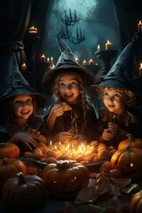 Obraz premium halloween scene horror background with creepy pumpkins of spooky halloween haunted mansion Evil houseat night with full moon | Generative AI