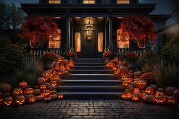  halloween scene horror background with creepy pumpkins of spooky halloween haunted mansion Evil houseat night with full moon |  Generative AI
