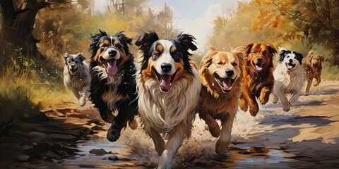 illustration of group of dogs of different breeds, oil painting, generative AI
