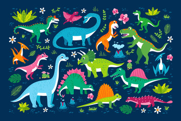 Childish poster with Jurassic reptiles. Cute flat dinosaur set. Illustrations prehistoric lizard for children. Cartoon characters dino isolated on blue background. Dinosaur era wildlife