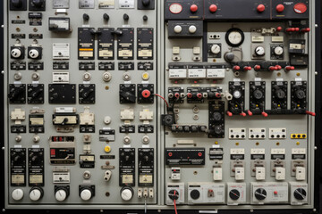 Close-up of an electrical panel with a range of switches, knobs, and displays used to regulate and monitor electrical systems