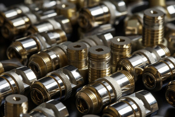 A close-up image of the intricate and complex structure of a set of industrial connectors with metallic and shiny surfaces