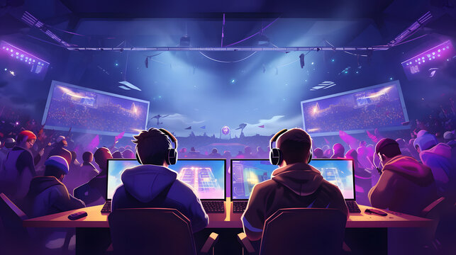 Major e sports event, team of professional gamers playing in offline gaming tournament on stadium.
