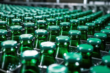 Fototapeta premium An industrial macro shot of bottling equipment conveyor belts, transporting empty bottles to the filling station, creating a mesmerizing abstract pattern