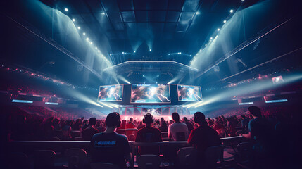 Major e sports event, team of professional gamers playing in offline gaming tournament on stadium.
