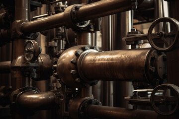 Artistic macro image of a distillation column's pipes and valves, emphasizing the beauty and complexity of industrial design