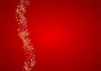 Christmas snow on red background. Glitter frame for winter banners, gift coupon, voucher, ads, party event. Santa Claus colors with golden Christmas snow. Horizontal falling snowflakes for holiday.