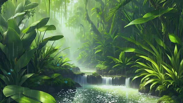 Tropical green rainforest with sparkling water and butterflies when rain. Cartoon or anime illustration style. seamless looping 4K time-lapse virtual video animation background.