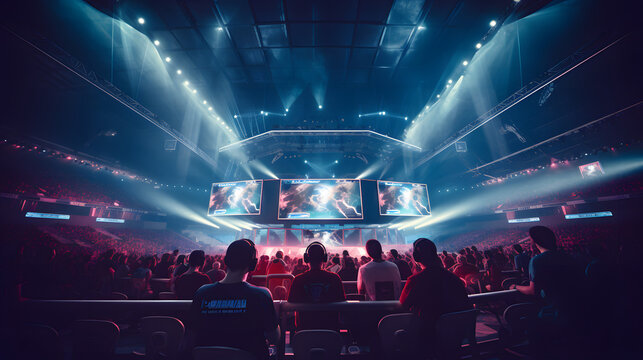 Major e sports event, team of professional gamers playing in offline gaming tournament on stadium.
