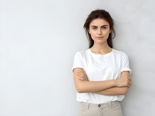 Fototapeta premium Portrait of woman posing with crossed arms and looking at the camera over white background