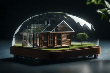 A beautiful house, perfectly miniature, nestled within the delicate droplet of a water