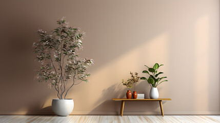 Minimalist beige wall with wood floor decorative plant on corner with drop shadow and light, Used for presentation business nature organic cosmetic products for sale shop online