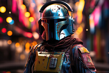 Hyperrealstic photography of a portrait of a stylized cyberpunk Star Wars robot with headphones...