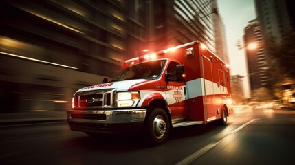 a medical emergency ambulance car driving with red lights on through the city on a road in the day time. Generative AI