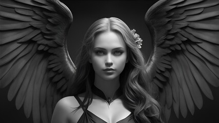 Fallen Angel - Representing Power and Sin - Black and White Style, Realistic illustration - obrazy, fototapety, plakaty