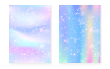 Kawaii background with rainbow princess gradient. Magic unicorn hologram.