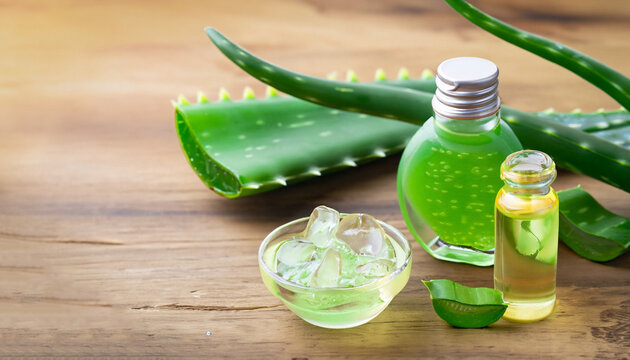 Aloe vera essential oil and aloevera gel with cactus green leaf on wood table background.