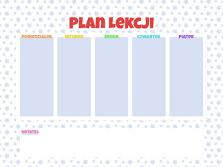 Plan lekcji dla dzieci z kolorowymi tęczowymi literami i gwiazdkami. Planer w języku polskim. - obrazy, fototapety, plakaty