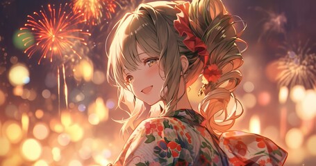 着物の女の子と花火,Generative AI AI画像