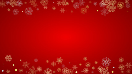 Naklejka na ściany i meble Christmas snow on red background. Glitter frame for winter banners, gift coupon, voucher, ads, party event. Santa Claus colors with golden Christmas snow. Horizontal falling snowflakes for holiday