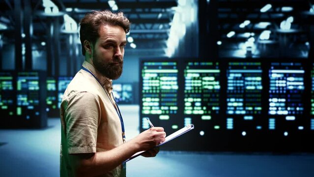 Experienced system administrator maintenancing interlinked computers creating server network. Data storage service business using parallel computing to perform complex calculations