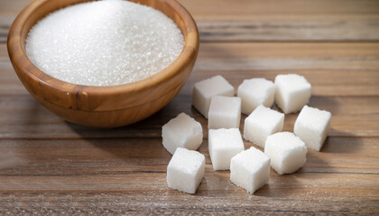Fototapeta na wymiar White sand sugar in wooden bowl and cube sugar on wood table background.