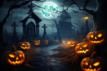  halloween scene horror background with creepy pumpkins of spooky halloween haunted mansion Evil houseat night with full moon |  Generative AI