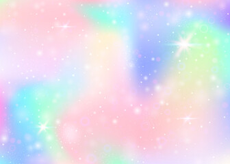 Holographic background with rainbow mesh. Mystical universe banner in princess colors. Fantasy gradient backdrop with hologram. Holographic unicorn background with fairy sparkles, stars and blurs.