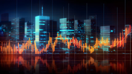 Stock market chart with financial graph on blurry city landscape background. Multi exposure of virtual creative financial chart hologram on modern city background. Trading market and economic concept