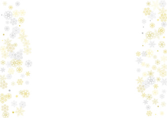 Gold snowflakes frame on white background. New year theme. Horizontal shiny Christmas frame for holiday banner, card, sale, special offer. Falling snow with gold snowflake and glitter for party invite