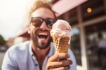 a handsome young white american model man holding and eating a gelato ice cream in a cone outside in a city on a sunny summer day. blurred background. Generative AI - Powered by Adobe