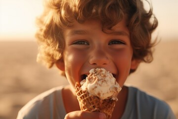 a beautiful cute young white american baby kid child boy model guy holding and eating a gelato ice cream in a cone outside in a city on a sunny summer day. blurred background. Generative AI