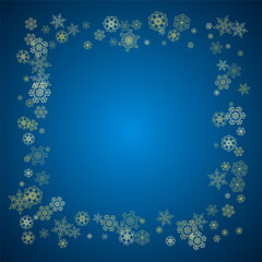 New Year snow on blue background. Gold glitter snowflakes. Christmas and New Year snow falling backdrop. For season sales, special offers, banners, cards, party invites, flyers. Frosty winter on blue.