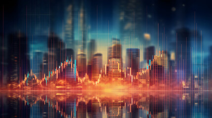 Stock market chart with financial graph on blurry city landscape background. Multi exposure of virtual creative financial chart hologram on modern city background. Trading market and economic concept
