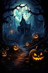 Fototapeten  halloween scene horror background with creepy pumpkins of spooky halloween haunted mansion Evil houseat night with full moon    Generative AI © Kay