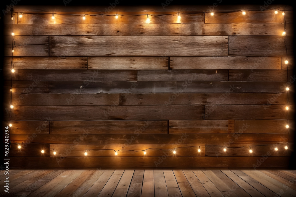 Wall mural christmas light background on wooden panel. old wooden board with backlight, copy space background