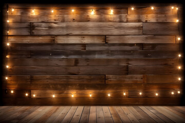 Christmas light background on wooden panel. old wooden board with backlight, copy space background