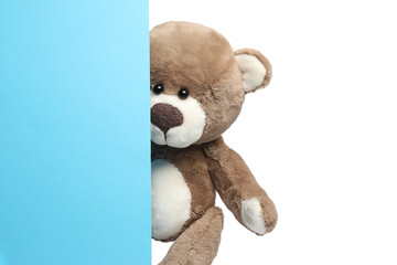 Cute teddy bear standing behind blank card isolated on white, space for text