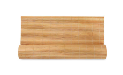 Rolled bamboo mat isolated on white, top view