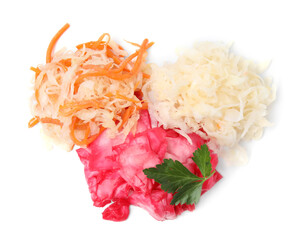 Delicious sauerkraut prepared according to different recipes with parsley on white background, top view