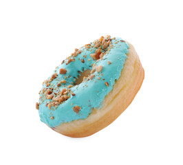 Tasty glazed donut decorated with nuts on white background