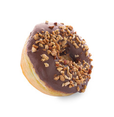 Tasty glazed donut decorated with nuts on white background