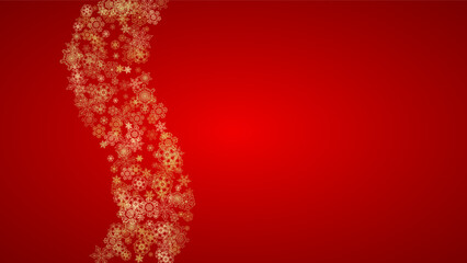 Christmas snowflakes on red background. Horizontal glitter frame for winter banner, gift coupon, voucher, ads, party event. Santa Claus color with golden Christmas snowflakes. Falling snow for holiday