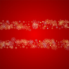 Christmas snow on red background. Glitter frame for seasonal winter banners, gift coupon, voucher, ads, party event. Santa Claus colors with golden Christmas snow. Falling snowflakes for holiday