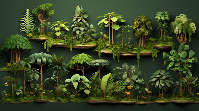 Jungle rain forest trees shapes cutout 3d render 
