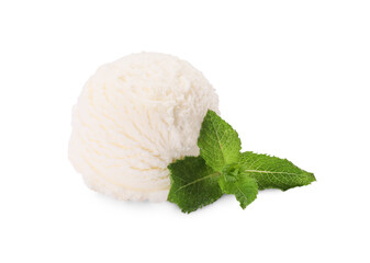 Scoop of tasty ice cream and mint leaves isolated on white