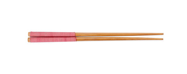 Pair of wooden chopsticks isolated on white, top view